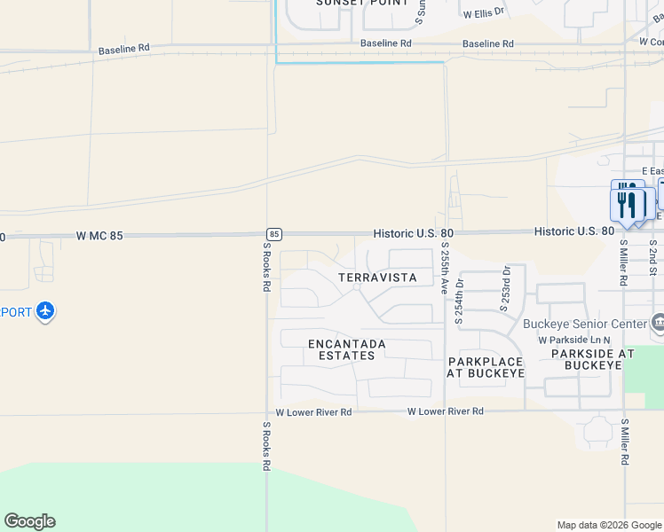 map of restaurants, bars, coffee shops, grocery stores, and more near 25749 West Madison Avenue in Buckeye