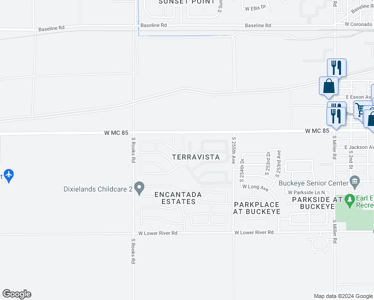 map of restaurants, bars, coffee shops, grocery stores, and more near 8546 South 256th Lane in Buckeye