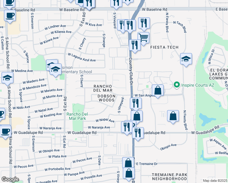 map of restaurants, bars, coffee shops, grocery stores, and more near 514 W Meseto Ave in Mesa