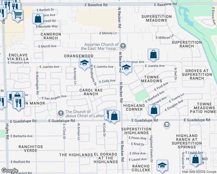 map of restaurants, bars, coffee shops, grocery stores, and more near 3930 East Encinas Avenue in Gilbert
