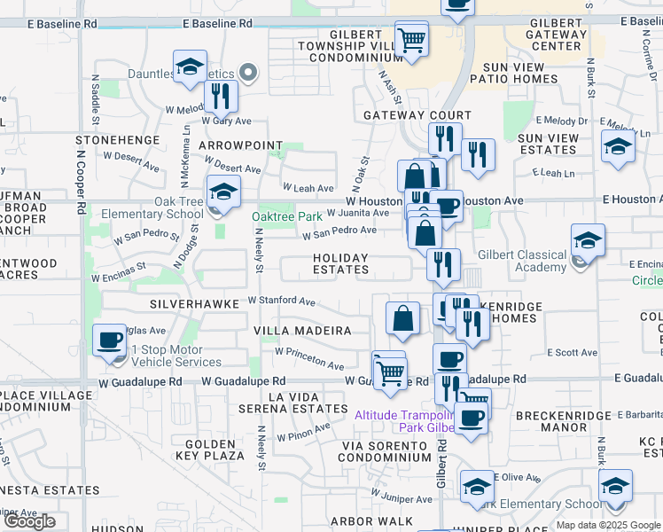 map of restaurants, bars, coffee shops, grocery stores, and more near 225 West San Angelo in Gilbert