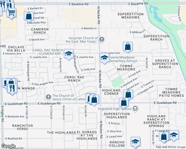 map of restaurants, bars, coffee shops, grocery stores, and more near 3930 East Encinas Avenue in Gilbert