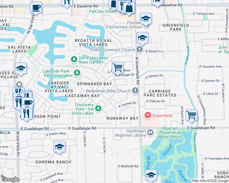 map of restaurants, bars, coffee shops, grocery stores, and more near 2258 E Huron Ct in Gilbert