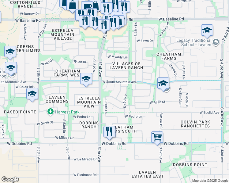map of restaurants, bars, coffee shops, grocery stores, and more near 8431 South 50th Drive in Phoenix