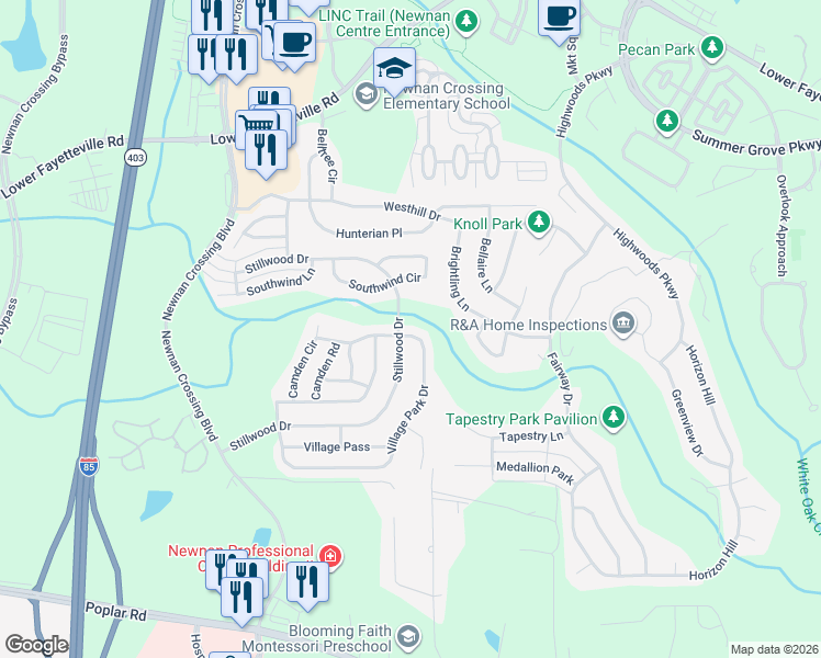 map of restaurants, bars, coffee shops, grocery stores, and more near 223 Village Park Drive in Newnan