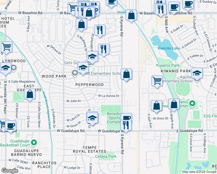 map of restaurants, bars, coffee shops, grocery stores, and more near 546 West Magdalena Drive in Tempe