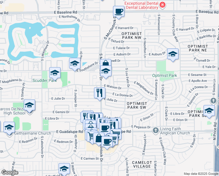 map of restaurants, bars, coffee shops, grocery stores, and more near 1817 East Watson Drive in Tempe