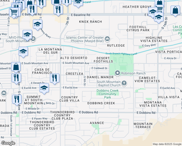 map of restaurants, bars, coffee shops, grocery stores, and more near 8439 South 9th Place in Phoenix