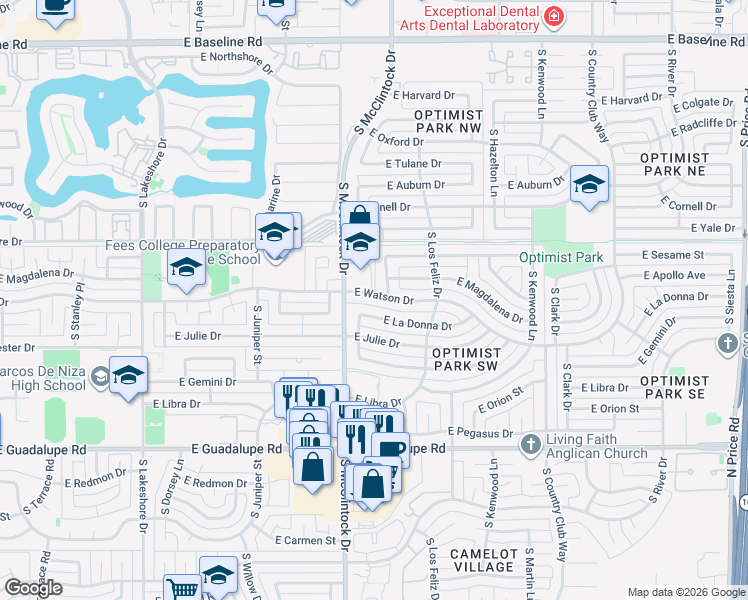 map of restaurants, bars, coffee shops, grocery stores, and more near 1817 East Watson Drive in Tempe