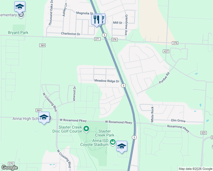 map of restaurants, bars, coffee shops, grocery stores, and more near 201 Meadow Ridge Drive in Anna