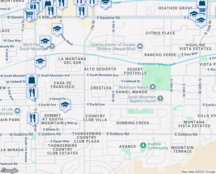 map of restaurants, bars, coffee shops, grocery stores, and more near 8441 South 8th Place in Phoenix