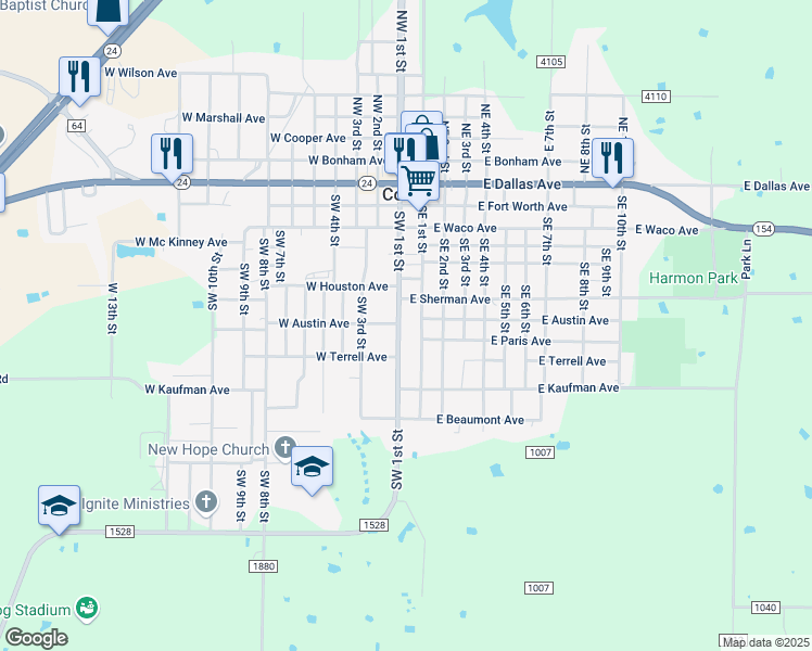 map of restaurants, bars, coffee shops, grocery stores, and more near 852 Southeast 1st Street in Cooper