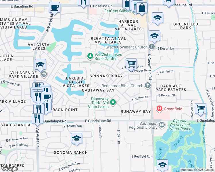 map of restaurants, bars, coffee shops, grocery stores, and more near 1007 North Plymouth Court in Gilbert