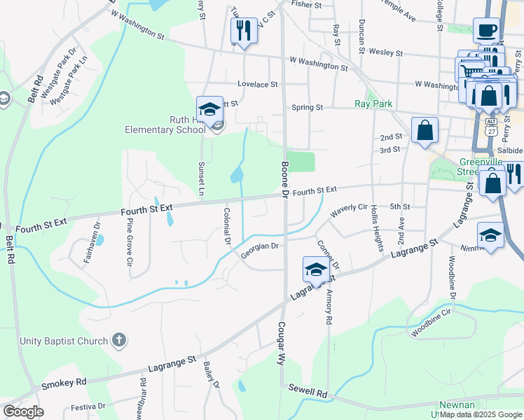 map of restaurants, bars, coffee shops, grocery stores, and more near 19 Creekside Drive in Newnan