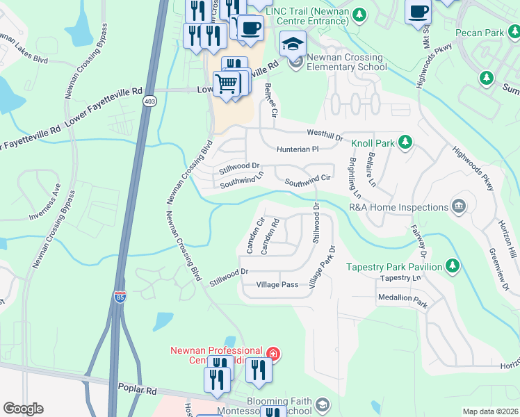 map of restaurants, bars, coffee shops, grocery stores, and more near 54 Camden Circle in Newnan