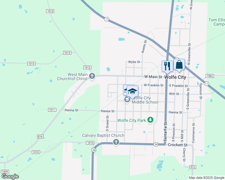 map of restaurants, bars, coffee shops, grocery stores, and more near 708 Witt Street in Wolfe City
