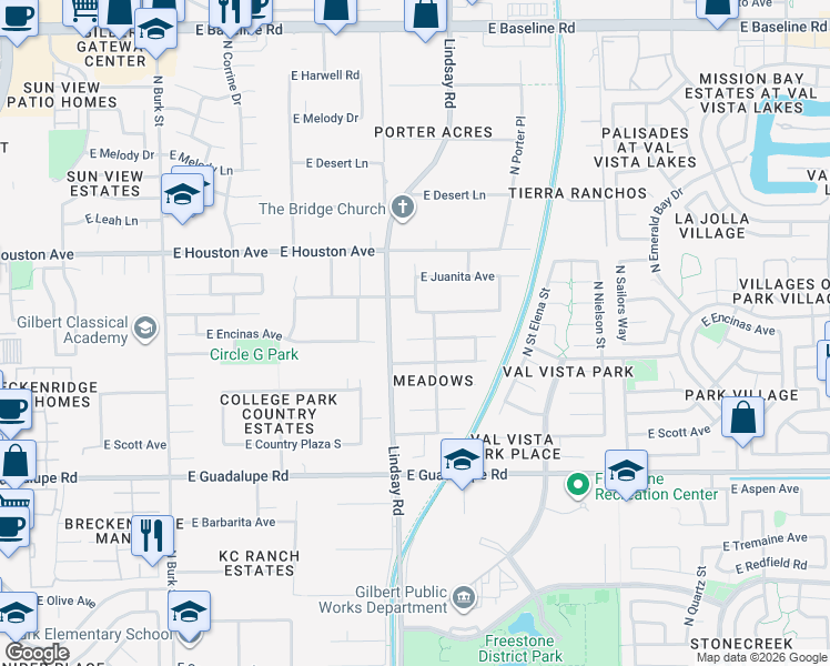 map of restaurants, bars, coffee shops, grocery stores, and more near 820 East Encinas Avenue in Gilbert