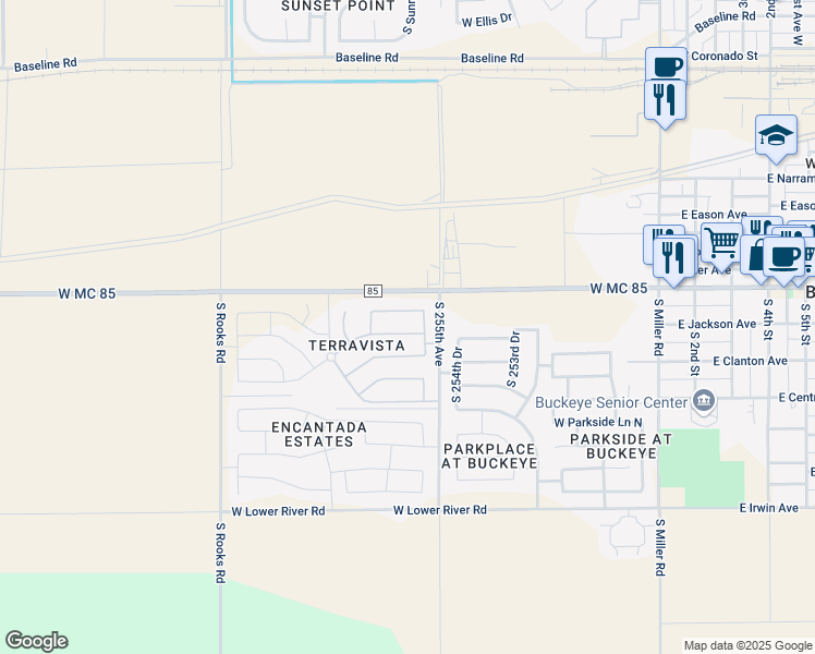 map of restaurants, bars, coffee shops, grocery stores, and more near 25542 West Jackson Avenue in Buckeye