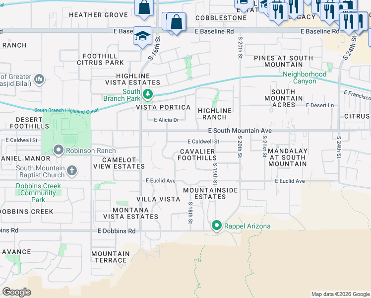 map of restaurants, bars, coffee shops, grocery stores, and more near 1720 East Ardmore Drive in Phoenix