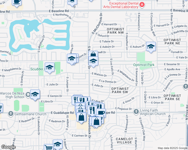 map of restaurants, bars, coffee shops, grocery stores, and more near 1817 East Watson Drive in Tempe