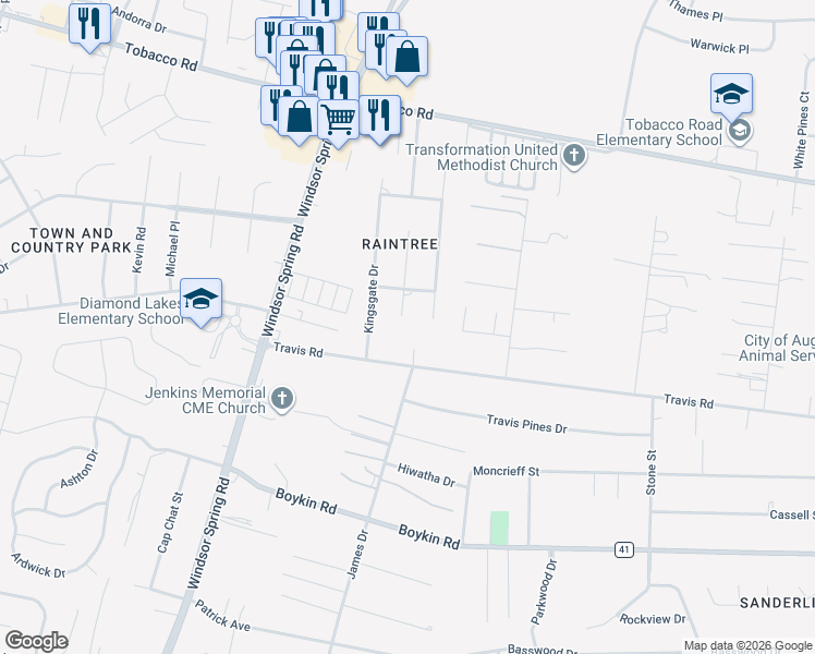map of restaurants, bars, coffee shops, grocery stores, and more near 3724 Tahitian Trail in Hephzibah