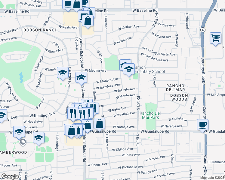 map of restaurants, bars, coffee shops, grocery stores, and more near 948 West Meseto Avenue in Mesa
