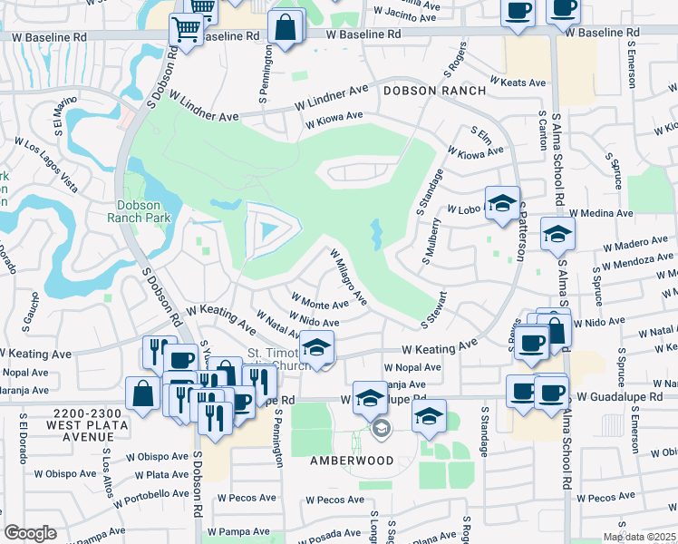 map of restaurants, bars, coffee shops, grocery stores, and more near 2509 South Pennington in Mesa