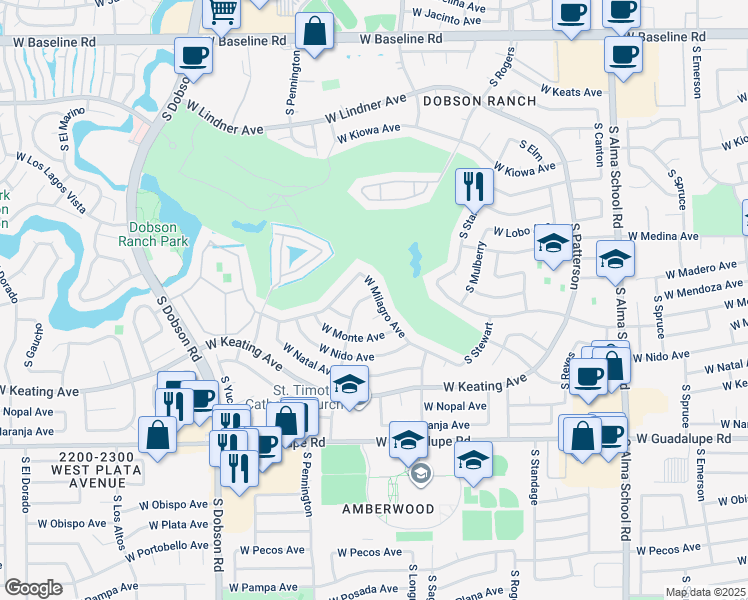 map of restaurants, bars, coffee shops, grocery stores, and more near 2509 South Pennington in Mesa
