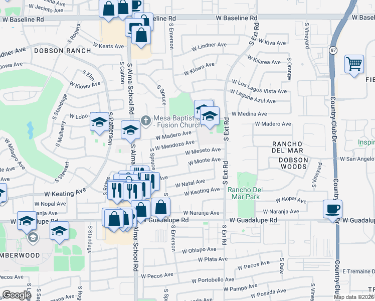 map of restaurants, bars, coffee shops, grocery stores, and more near 948 West Meseto Avenue in Mesa