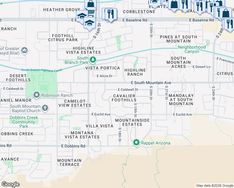 map of restaurants, bars, coffee shops, grocery stores, and more near 1720 East Ardmore Drive in Phoenix