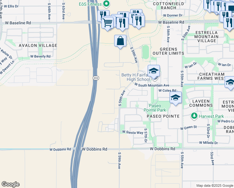 map of restaurants, bars, coffee shops, grocery stores, and more near 8388 South 59th Avenue in Phoenix