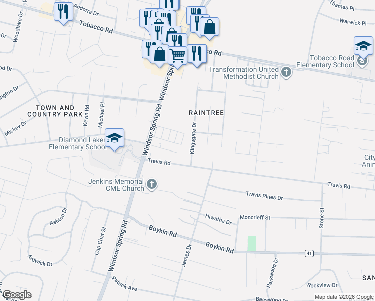 map of restaurants, bars, coffee shops, grocery stores, and more near 3708 Kingsgate Drive in Hephzibah