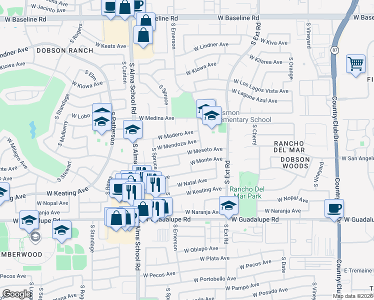 map of restaurants, bars, coffee shops, grocery stores, and more near 948 West Meseto Avenue in Mesa
