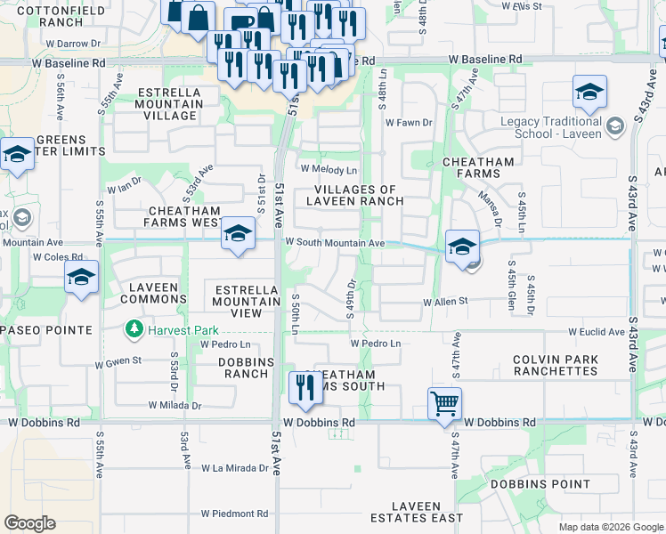 map of restaurants, bars, coffee shops, grocery stores, and more near 8431 South 50th Drive in Phoenix
