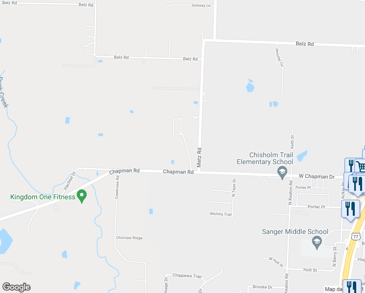 map of restaurants, bars, coffee shops, grocery stores, and more near 3926 Fm 455 West in Sanger