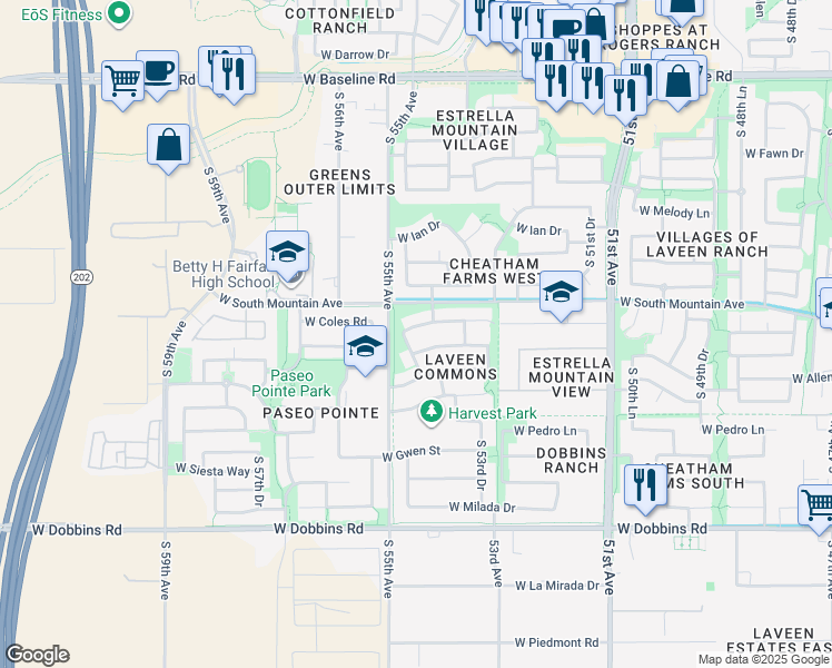 map of restaurants, bars, coffee shops, grocery stores, and more near 5433 West Coles Road in Phoenix