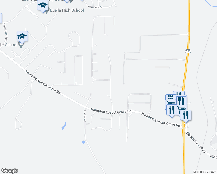 map of restaurants, bars, coffee shops, grocery stores, and more near 131 Wyckliffe Drive in Locust Grove