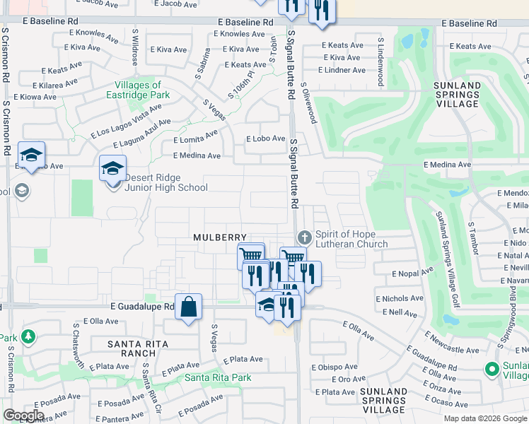 map of restaurants, bars, coffee shops, grocery stores, and more near 10720 East Nido Avenue in Mesa
