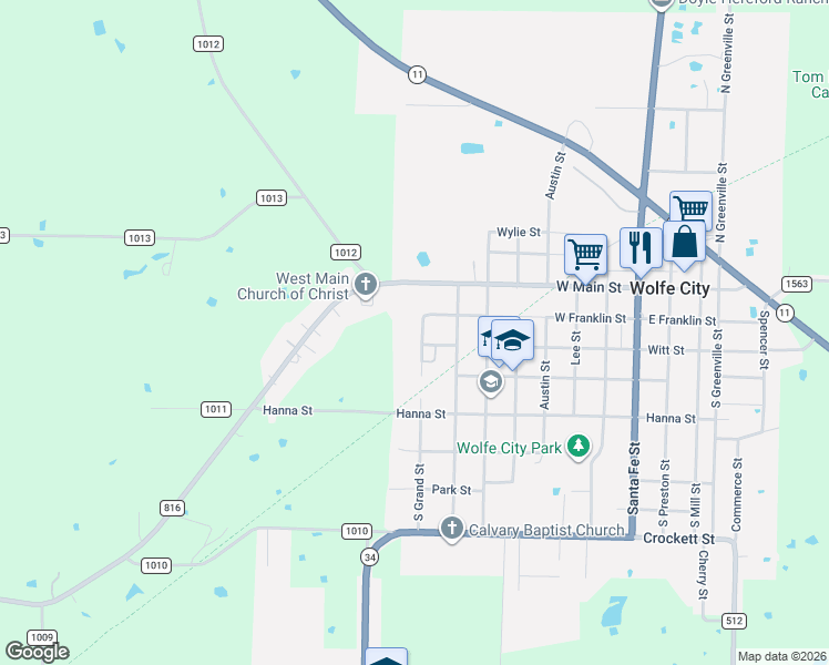 map of restaurants, bars, coffee shops, grocery stores, and more near 708 Witt Street in Wolfe City
