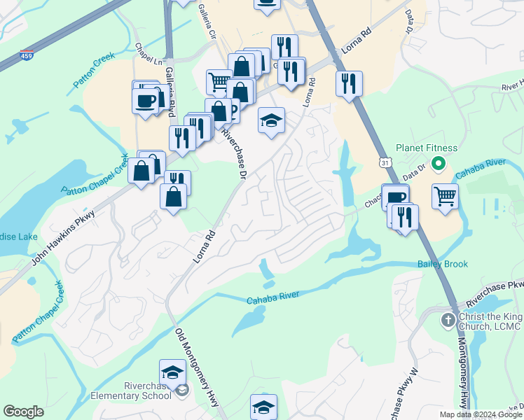 map of restaurants, bars, coffee shops, grocery stores, and more near 1770 Chace Lake Parkway in Birmingham
