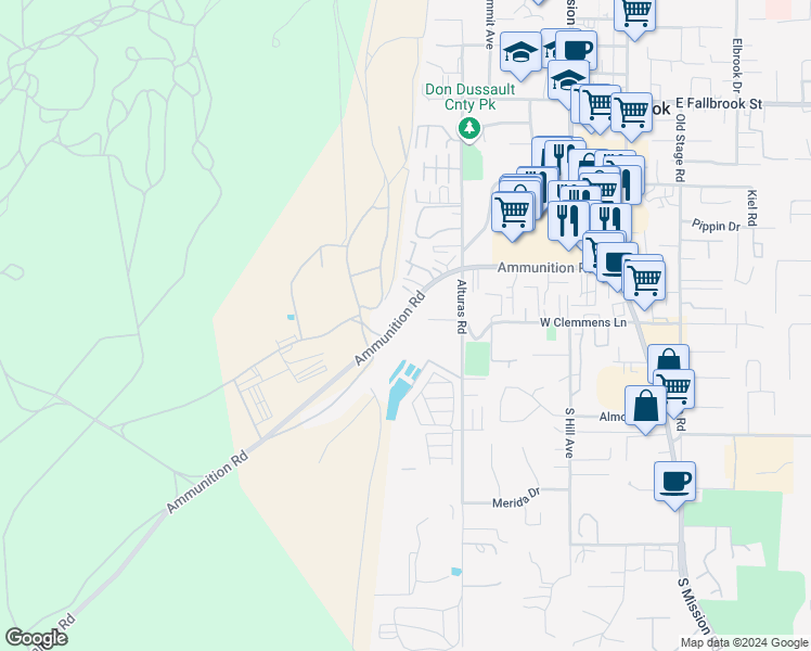 map of restaurants, bars, coffee shops, grocery stores, and more near 602 Ammunition Road in Fallbrook