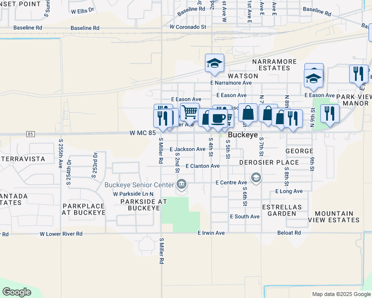 map of restaurants, bars, coffee shops, grocery stores, and more near 209 East Jackson Avenue in Buckeye