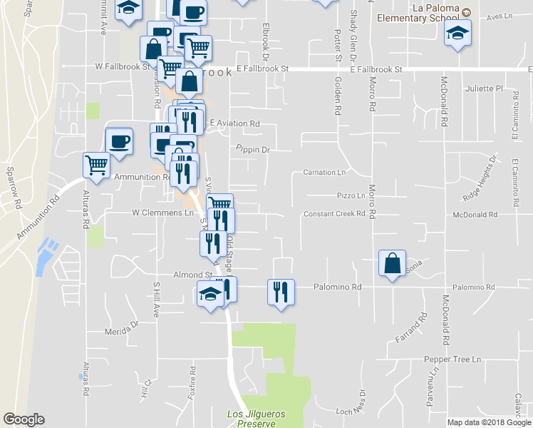 map of restaurants, bars, coffee shops, grocery stores, and more near 399 East Clemmens Lane in Fallbrook