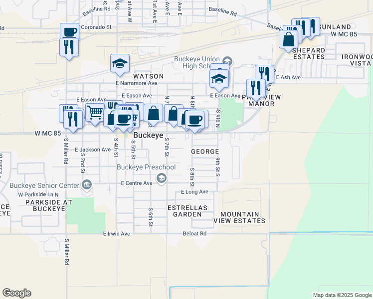 map of restaurants, bars, coffee shops, grocery stores, and more near 205 South 8th Street in Buckeye