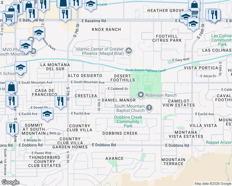 map of restaurants, bars, coffee shops, grocery stores, and more near 1102 East Winston Drive in Phoenix