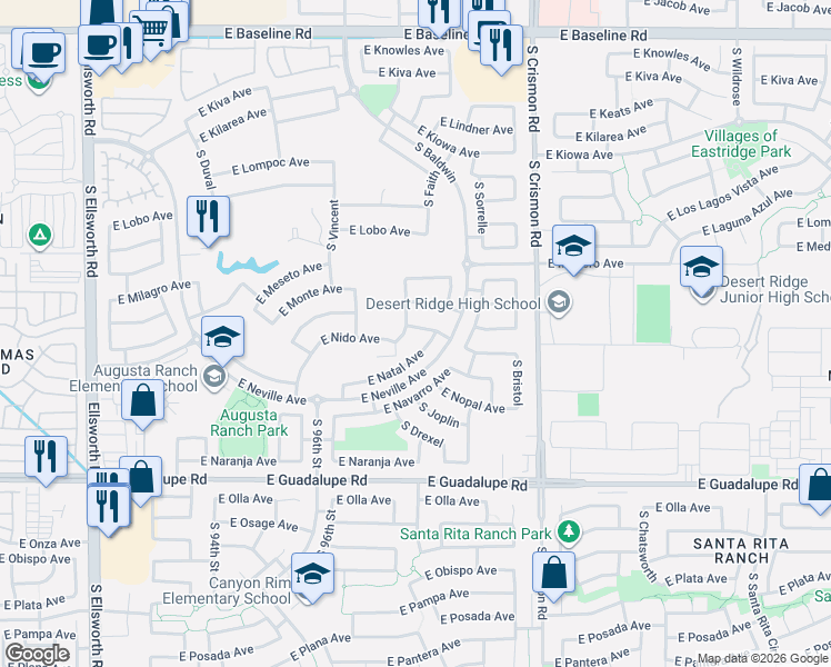 map of restaurants, bars, coffee shops, grocery stores, and more near 2551 South Drexel in Mesa