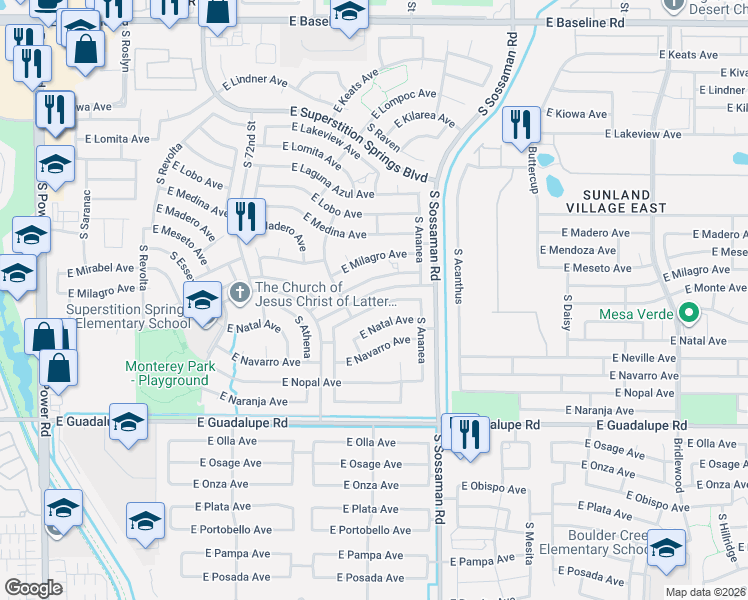 map of restaurants, bars, coffee shops, grocery stores, and more near 7461 East Nido Avenue in Mesa