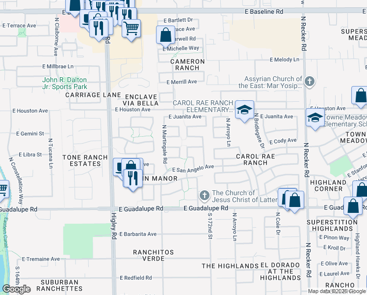 map of restaurants, bars, coffee shops, grocery stores, and more near 1024 North Moccasin Trail in Gilbert