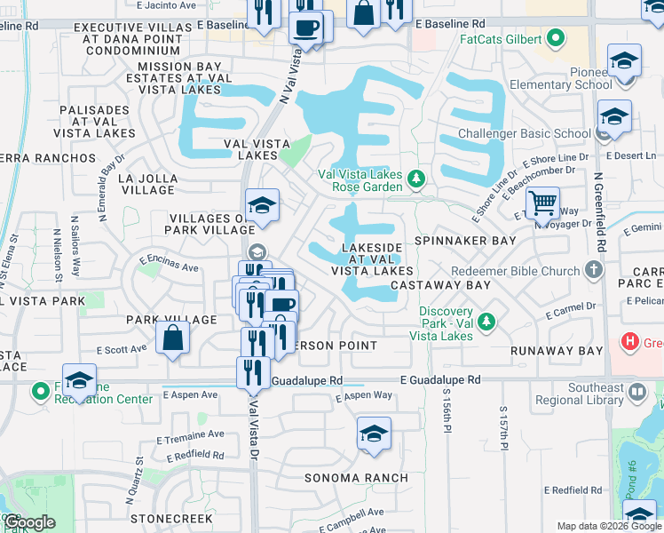 map of restaurants, bars, coffee shops, grocery stores, and more near 1802 East Queen Palm Drive in Gilbert