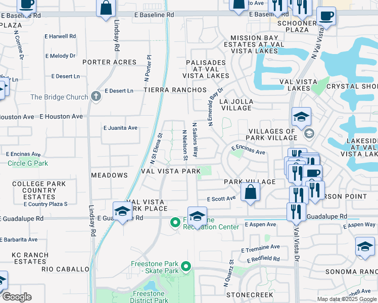 map of restaurants, bars, coffee shops, grocery stores, and more near 1025 North Nielson Street in Gilbert
